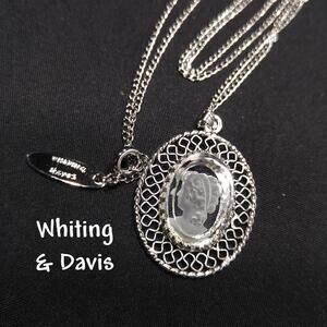 Whiting Davis Crystal Etched Cameo Pendant Necklace, Rhodium Plated, Book Piece
